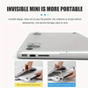 A silver laptop is shown with a minimalist aluminum riser stand for improved portability.