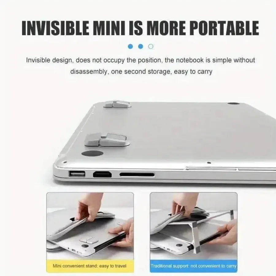 A silver laptop is shown with a minimalist aluminum riser stand for improved portability.