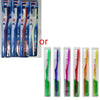 A set of six premium hard bristle toothbrushes in various colors and designs packaged in individual tubes.