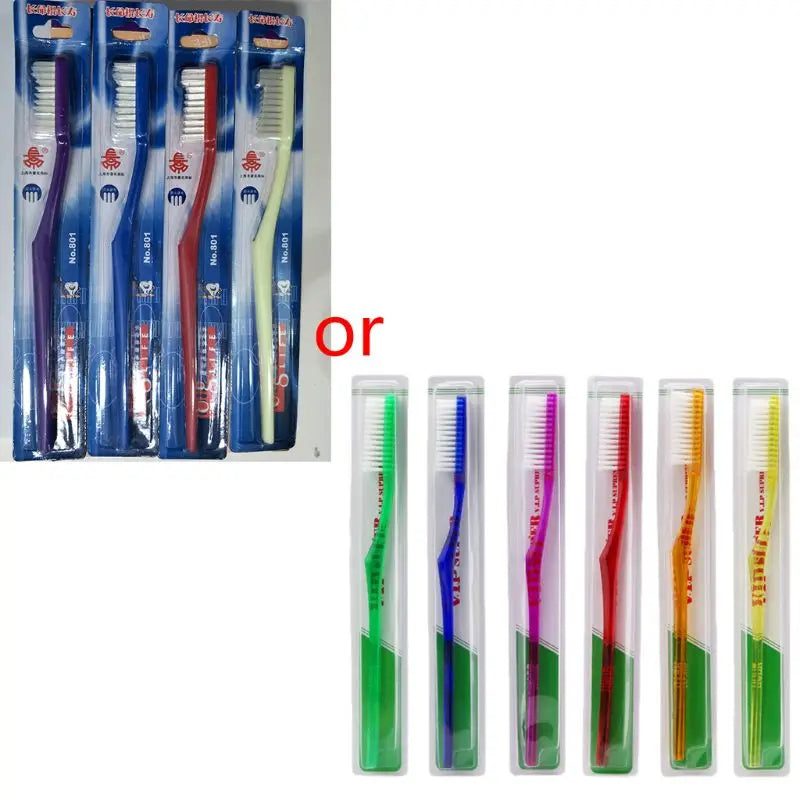 A set of six premium hard bristle toothbrushes in various colors and designs packaged in individual tubes.