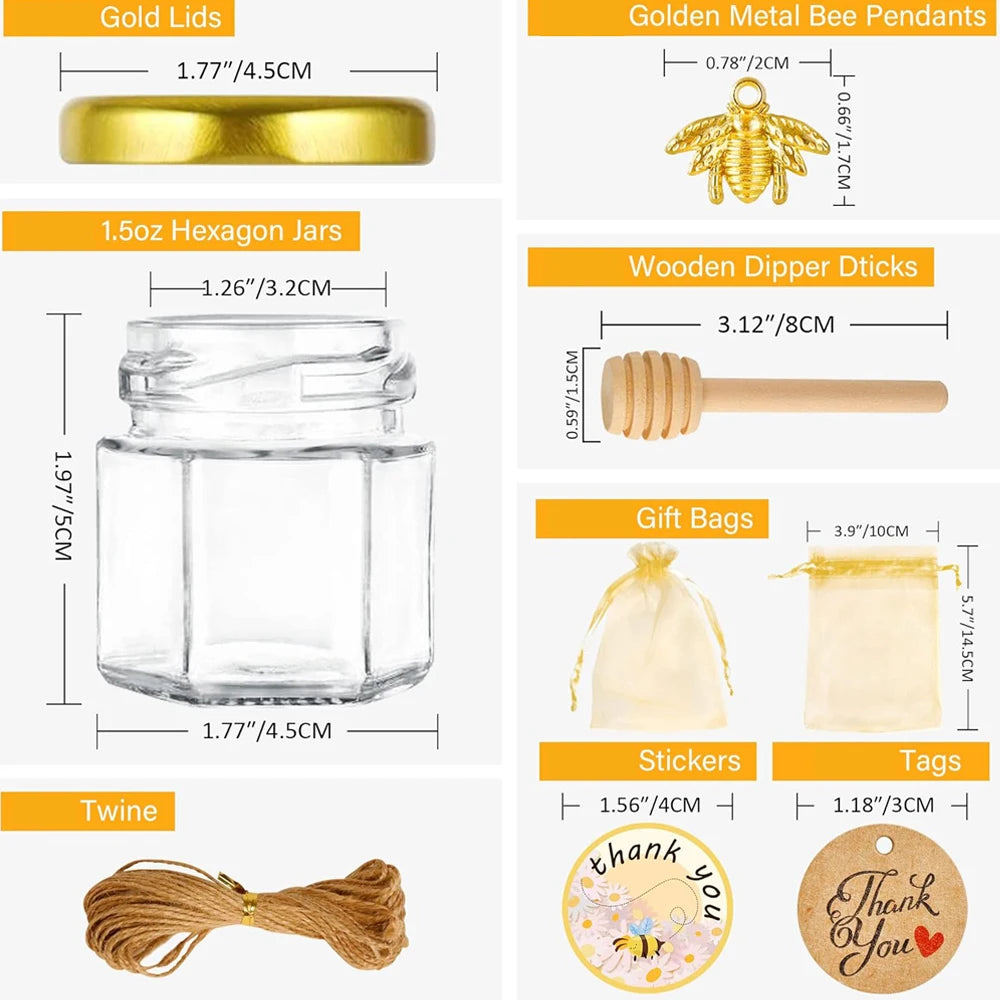 Set of 1.5oz hexagon glass jars with wood dipper and golden metal bee pendants
