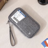 A gray RFID-blocking passport holder with a leather strap is shown on a light surface.