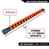 ABS socket organizer rail with 15 clips and a 3/8 inch drive socket for storing sockets