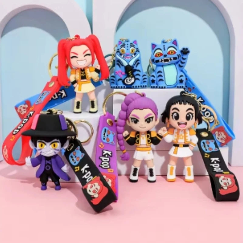 Anime Demon Hunters Girls Keychain Set with Tiger Charm