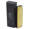 A black protective case for an IRIN instrument, featuring a gold-colored component with numbered holes.