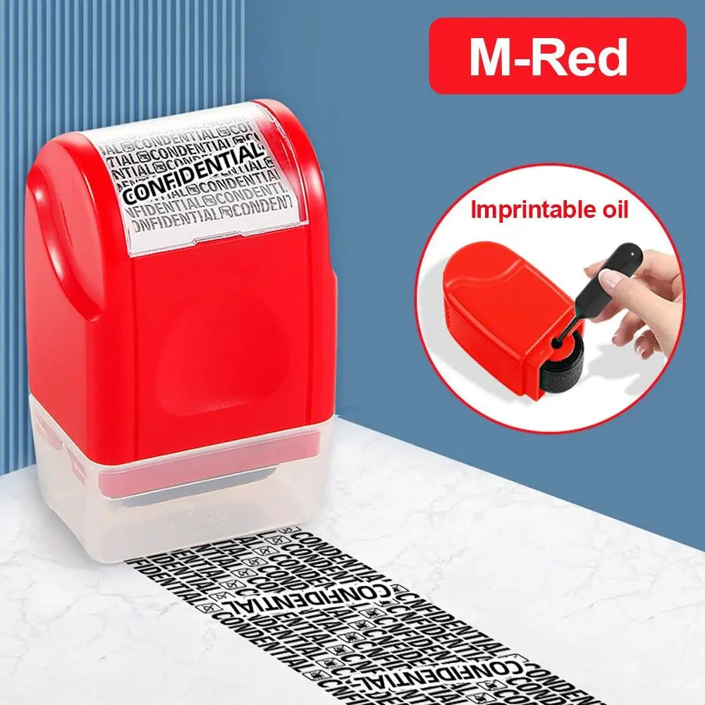Red ink roller identity protection stamp with confidential text on a clear base