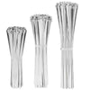 A set of clear heavy-duty stainless steel cable ties shown vertically.