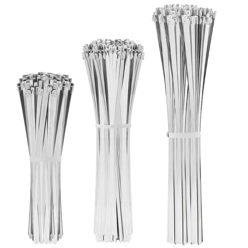 A set of clear heavy-duty stainless steel cable ties shown vertically.