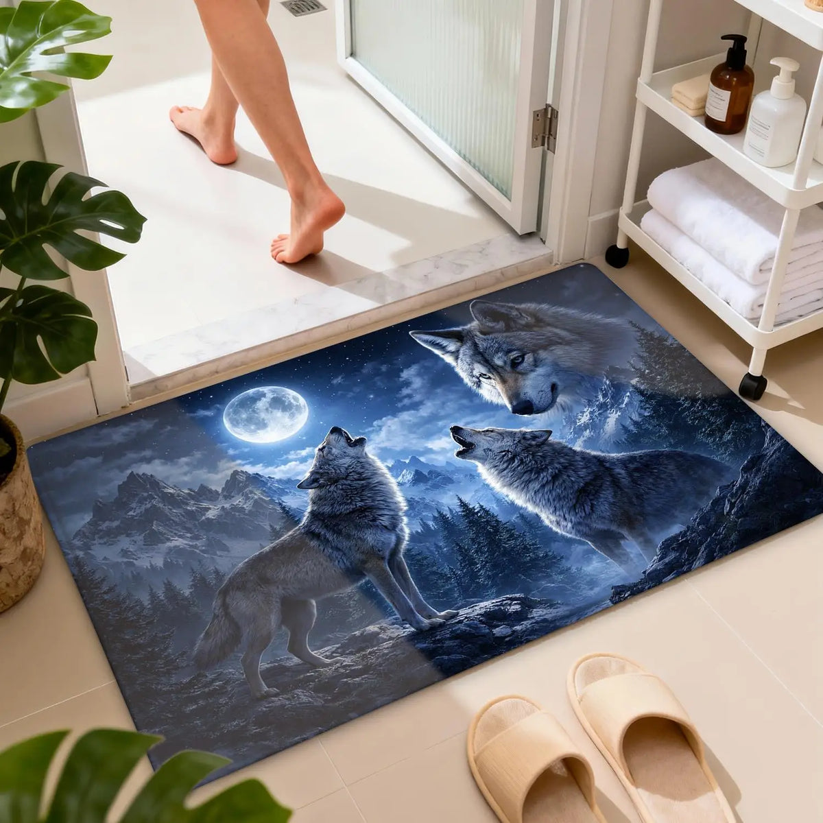 A dark blue mat featuring a wolf silhouette and a full moon, placed on a bathroom floor.