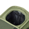 Close-up view of a olive green stroller storage organizer bag with a circular opening and dark lining.