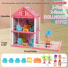Pink two-floor dollhouse with accessories and dolls in random colors
