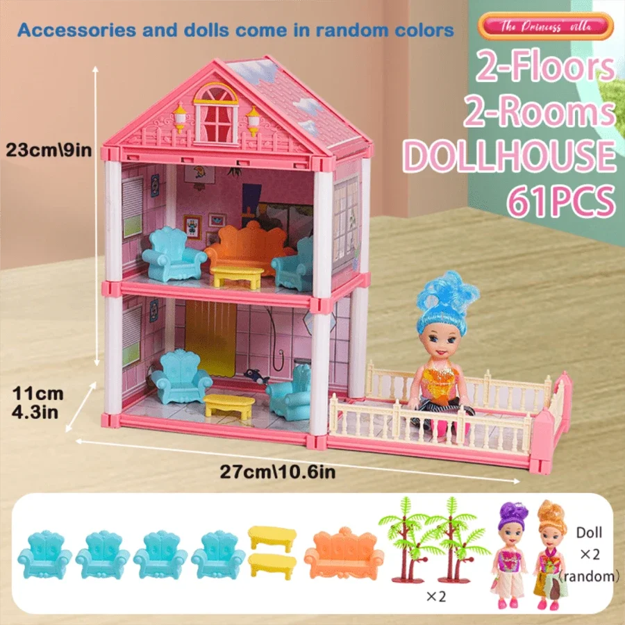 Pink two-floor dollhouse with accessories and dolls in random colors