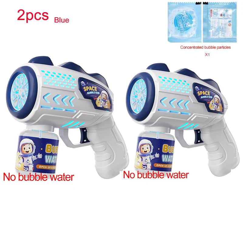 Two blue astronaut bubble blaster toys are shown, with concentrated bubble particles included.