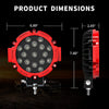 Dimensions of a red LED work light bar pair with spot beam for off-road vehicles.