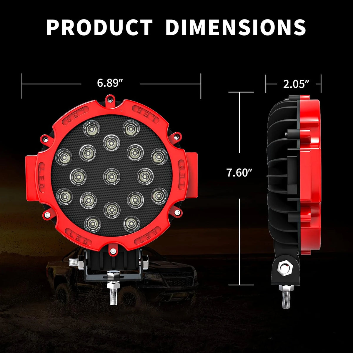 Dimensions of a red LED work light bar pair with spot beam for off-road vehicles.