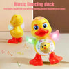 A yellow duck toy is shown dancing with colorful lights and music notes.