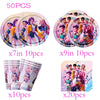 A set of K-Pop themed birthday party decorations including circular plates and disposable cups.