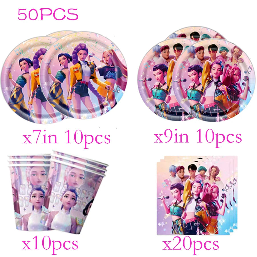 A set of K-Pop themed birthday party decorations including circular plates and disposable cups.