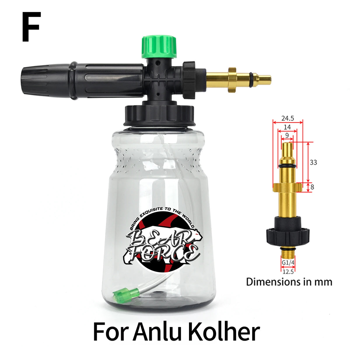 Snow foam lance for pressure washers with a glass bottle and brass nozzle