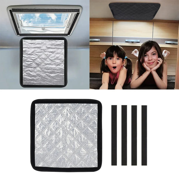 A foldable RV roof vent cover shown in various forms, including a rectangular panel and individual slats.