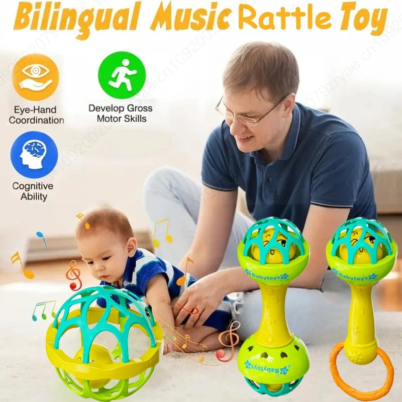 A man is demonstrating a bilingual music rattle toy set with yellow and green spinning rings to a baby.