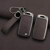 A dark brown durable alloy car key case cover for VW, Skoda, and Seat models with a leather strap.