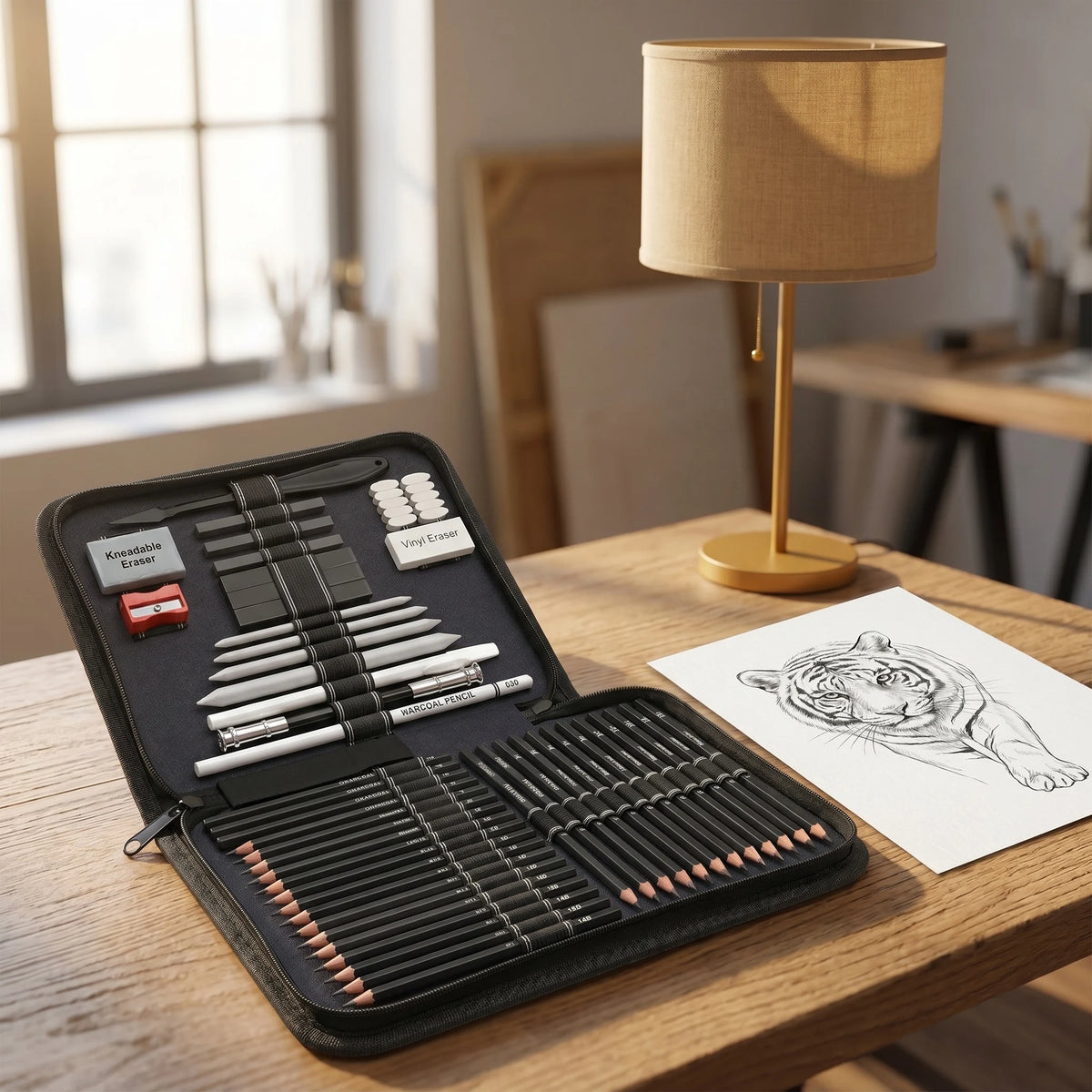 A black drawing sketch kit with graphite and charcoal pencils is displayed on a wooden table next to a lamp.
