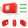A red portable first aid kit with a hard shell case shown from multiple angles and features.