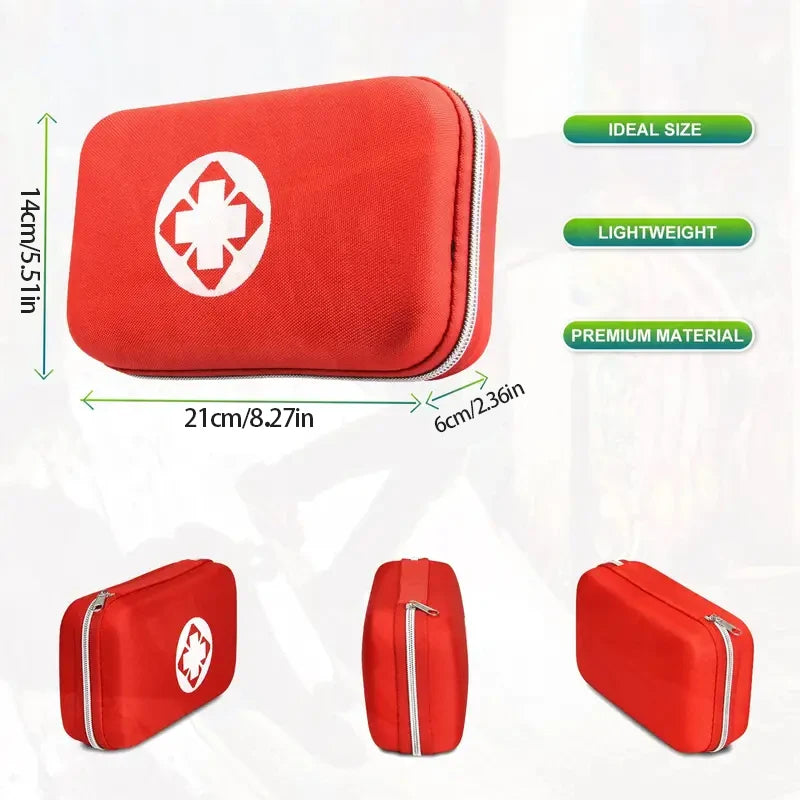 A red portable first aid kit with a hard shell case shown from multiple angles and features.