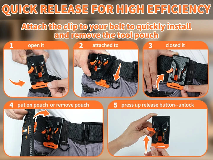 Instructions show how to attach and remove a tool pouch using a quick-release belt clip.