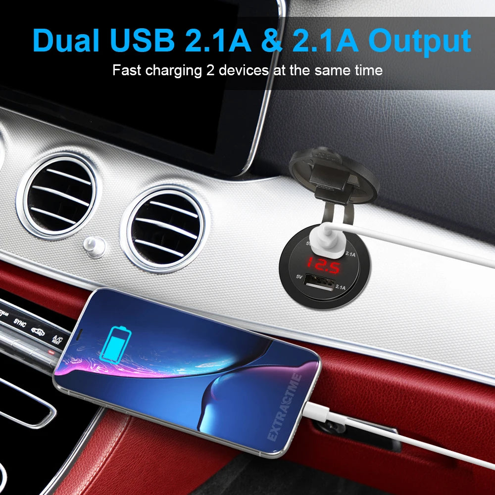 Dual USB Car Charger with LED Voltmeter – Fast Charging 12V/24V