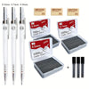 A set of transparent mechanical pencils in 0.5mm, 0.7mm, and 0.9mm sizes with various lead counts and erasers.