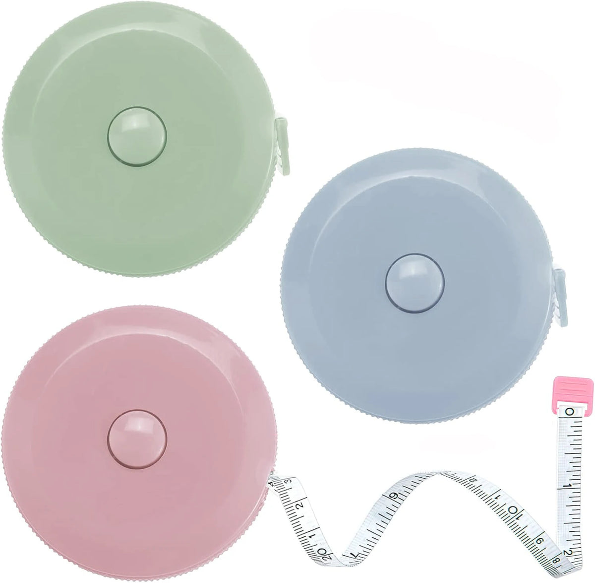 Three colored flexible soft tape measures, including green, light blue, and pink, with a coiled measuring tape visible.
