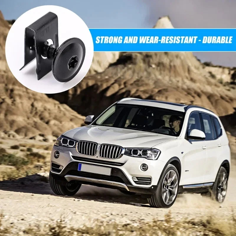 A white Audi Q5 SUV is shown driving on a dirt road, with an inset showing a self-tapping screws and U-shaped spacers kit.