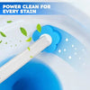 A white toilet brush is shown cleaning a blue stain on a white surface, demonstrating power clean for every stain.