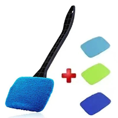 A black car windshield cleaning brush kit with a blue microfiber pad and several other colored pads.