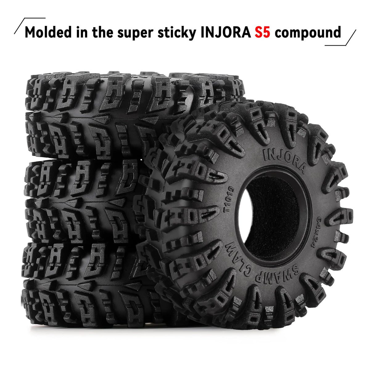 A stack of black INJORA S5 compound Swamp Claw mud terrain tires for RC crawlers.