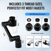A black faucet extender with a mounting base and three thread sizes for fitting various faucets.