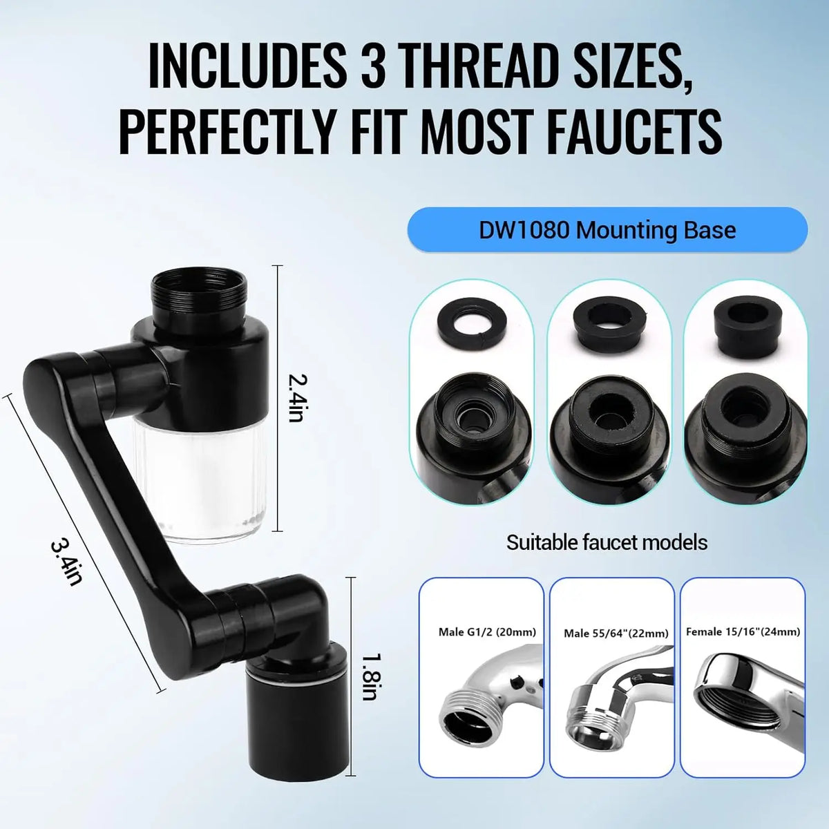 A black faucet extender with a mounting base and three thread sizes for fitting various faucets.