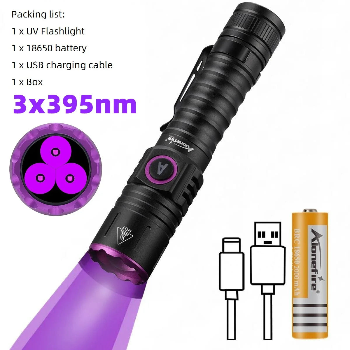A black UV flashlight with a purple beam, packaged with a battery and USB cable.