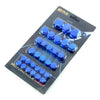 A set of thirty blue decorative bolt caps for motorcycle screws packaged in a black plastic tray.