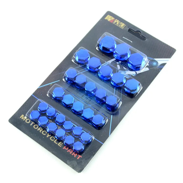 A set of thirty blue decorative bolt caps for motorcycle screws packaged in a black plastic tray.