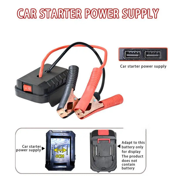 Portable car starter power supply featuring a battery and display for jump starting.