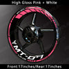 High gloss pink and white custom rim decals for an MT-07 motorcycle wheel.