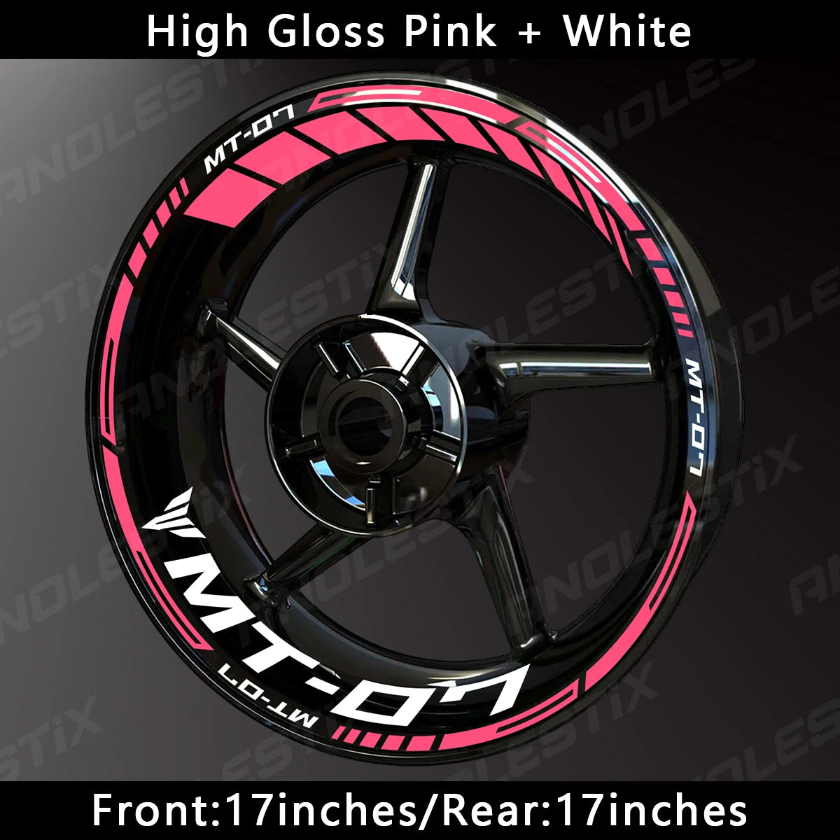 High gloss pink and white custom rim decals for an MT-07 motorcycle wheel.
