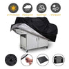 A black heavy-duty waterproof BBQ grill cover is shown open, with various features and accessories displayed below.
