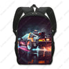 Schwarzer taktischer Rucksack mit detaillierter Darstellung eines futuristischen Autos mit Lichteffekten.