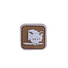 A brown embroidered patch featuring a white foxhound head with a hook and loop backing.