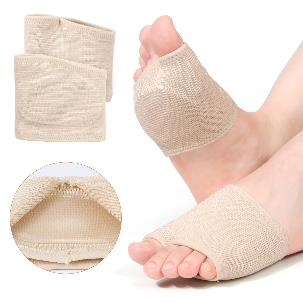 Tan gel forefoot cushion pads shown on a foot and separate pieces for pain relief