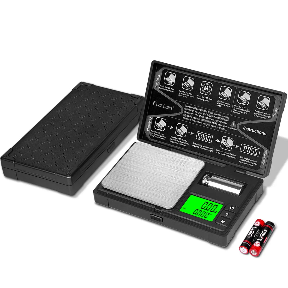 A black digital pocket scale with a silver display and instructions is shown on a white background.